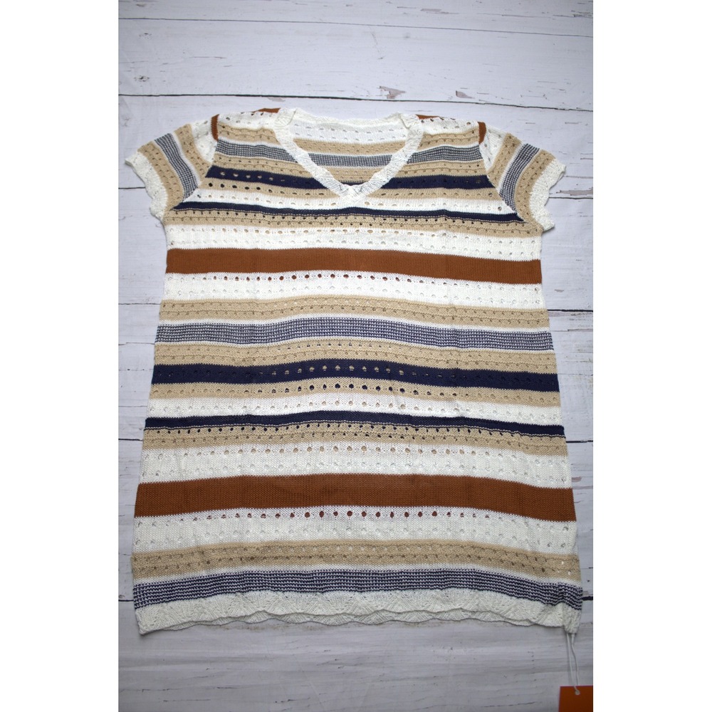 Falechay Womens Striped Pointelle Knit V-Neck Top Short Sleeve Multi Color Large